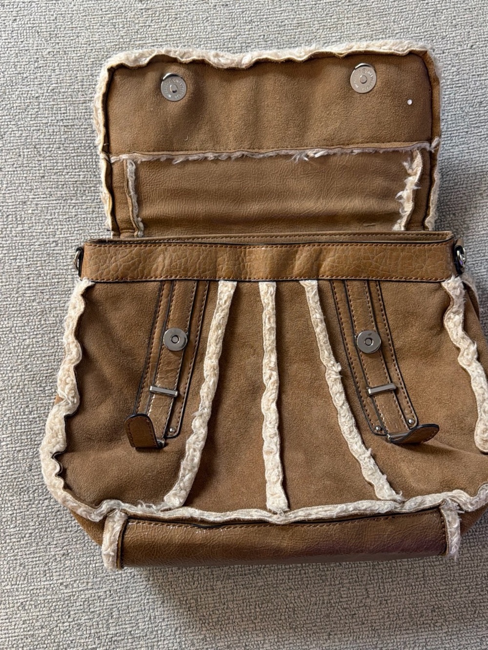 Guess Tan Suede Shoulder Satchel with Cream Trim - Picture 4 of 7
